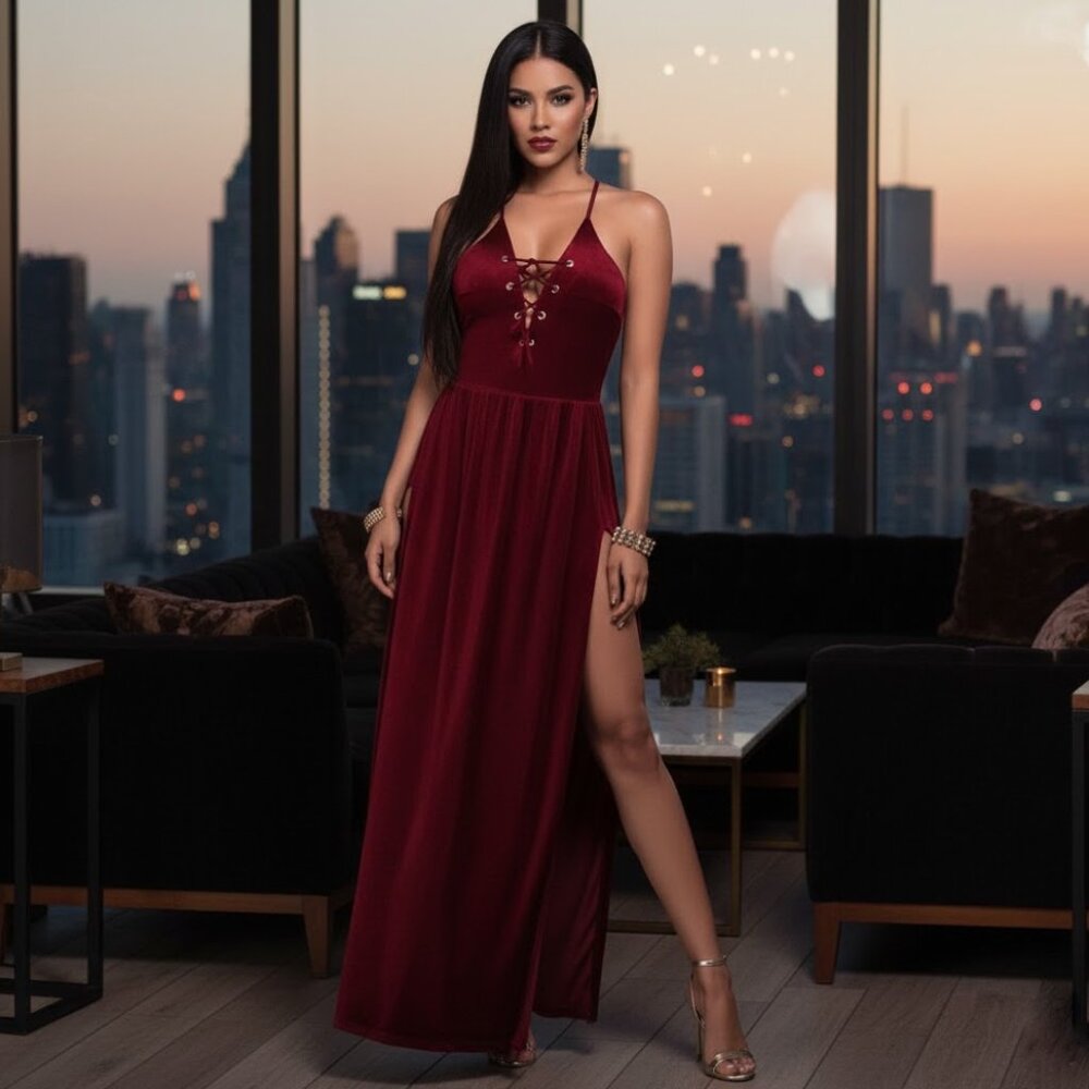 Deep dark red burgundy velvet romper maxi dress